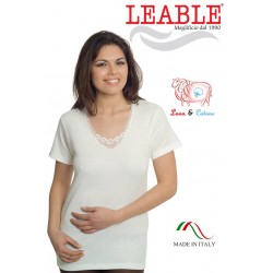 Maglia intima a manica corta in Lana e Cotone, scollo con inserto macramè